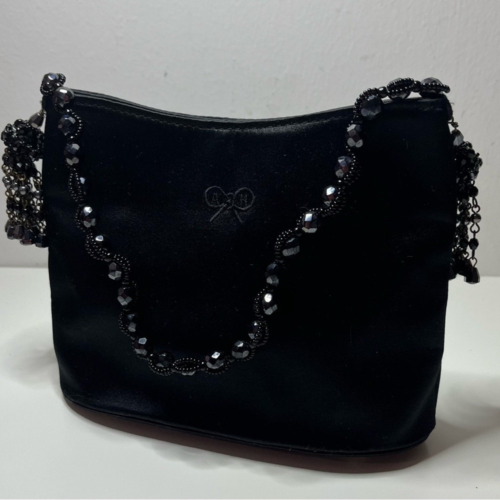 Anya Hindmarch Black Satin Beaded Mini Shoulder Bag Tassel Evening Y2K England - Picture 2 of 12